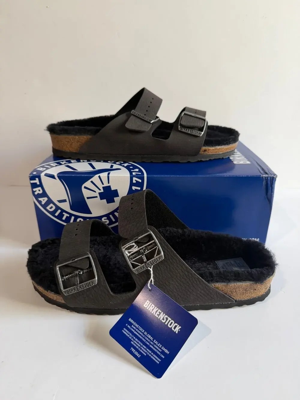 Birkenstock Arizona BS Shearling Lined Slides Desert Dust BLACK Size 42 NARROW